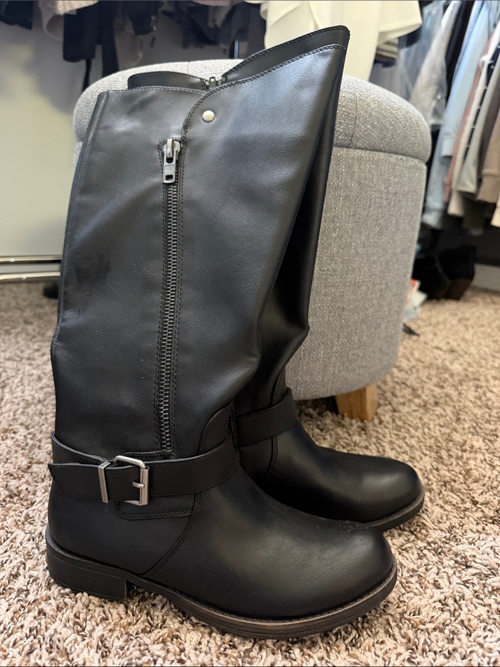 Black Mid-Calf Buckle Riding Boots